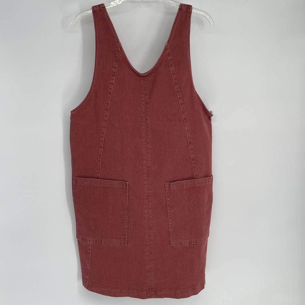 Annie Wear Denim Pinafore Dress Red Rust Washed Square Neck Pockets Size M